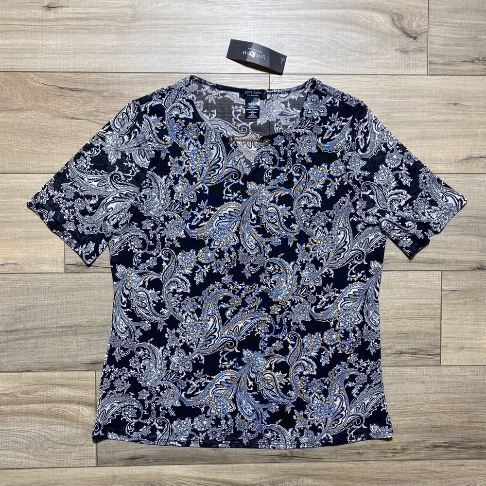 Love Ryan Los Angeles‎ Womens Short Sleeve Paisley Top Size L/XL Black White